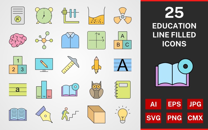 Download Набор иконок "25 Education LINE filled PACK Icon Set" / 25 Education LINE filled PACK Icon Set - Набор иконок на тему графика set,file,icon,icons,linear,line,vector,sign,symbol,pictogram,education,radiation,cube,book dvd,notepad,axis,nib,education goal,online education,abc cubes