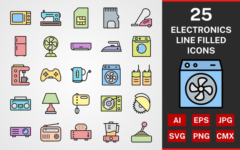 Download Набор иконок "25 Electronic Devices LINE FILLED PACK Icon Set" / 25 Electronic Devices LINE FILLED PACK Icon Set - Набор иконок на тему графика icon,icons,linear,set,file,line,vector,sign,symbol,pictogram,electonic,devices,kattle,coffee maker,juicer,fridge,washing machine,iron,ac,projector