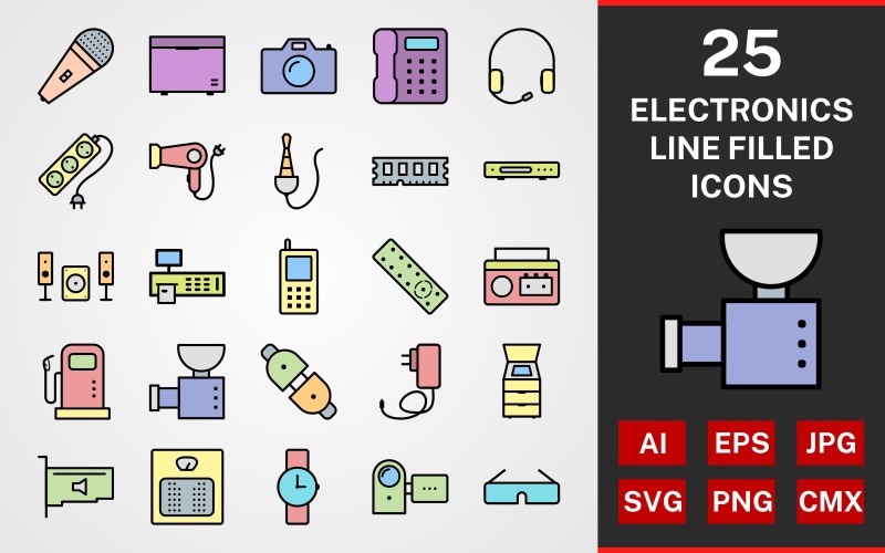 Download Набор иконок "25 Electronic Devices LINE FILLED PACK Icon Set" / 25 Electronic Devices LINE FILLED PACK Icon Set - Набор иконок на тему графика icon,icons,linear,set,file,line,vector,sign,symbol,pictogram,electronic,devices,mic,remote,scanner machine,hair dryer,telephone,deep freezer,dvd player,ram