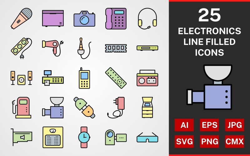 25 elektroniska enheter LINE FILLED PACK Ikonuppsättning