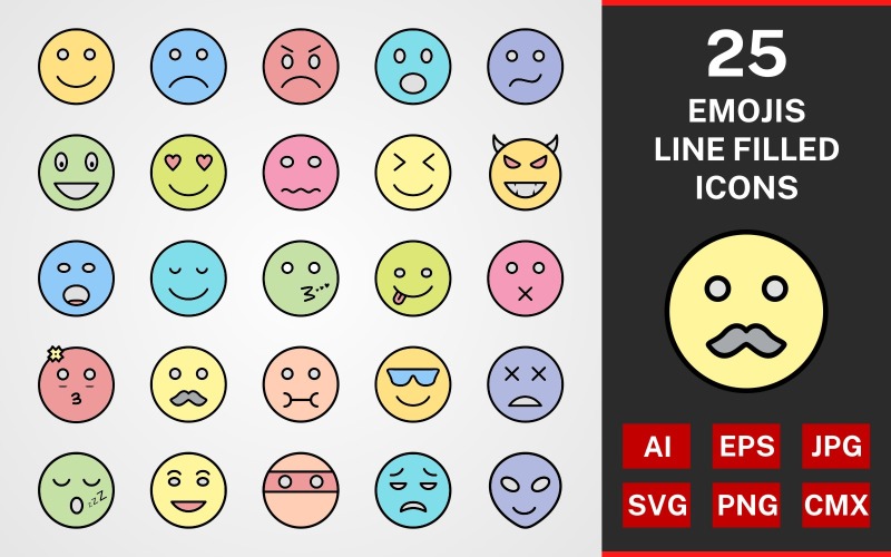 Download Набор иконок "25 Emoji LINE filled PACK Icon Set" / 25 Emoji LINE filled PACK Icon Set - Набор иконок на тему графика set,file,icon,icons,linear,line,vector,sign,symbol,pictogram,emoji,moustache,angry,sad,happy,alien,dead,calm,devil,laughing