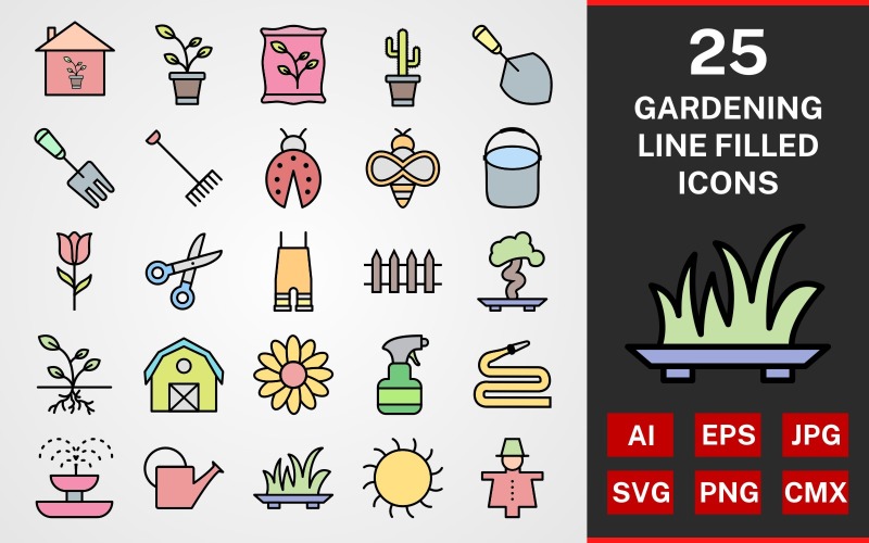 Download Набор иконок "25 Gardening LINE filled PACK Icon Set" / 25 Gardening LINE filled PACK Icon Set - Набор иконок на тему графика set,file,icon,icons,linear,line,vector,sign,symbol,pictogram,gardening,sprout,fence,root,pail,hose,grass,sun,trowel,cactus