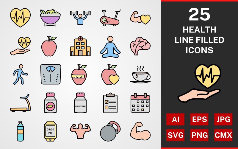 Download Набор иконок "25 Health LINE filled PACK Icon Set" / 25 Health LINE filled PACK Icon Set - Набор иконок на тему графика set,file,icon,icons,linear,line,vector,sign,symbol,pictogram,health,hospital,yoga,diet,tea,protein,apple,exercise,healthy food,treadmill