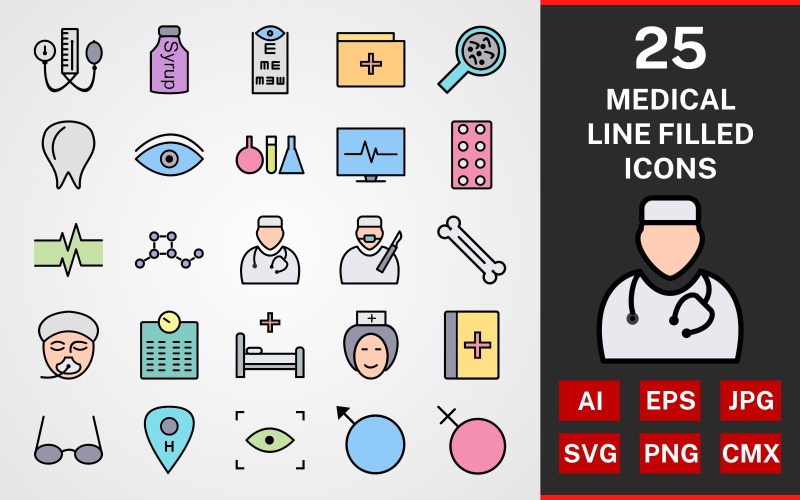 Download Набор иконок "25 Medical LINE FILLED PACK Icon Set" / 25 Medical LINE FILLED PACK Icon Set - Набор иконок на тему графика icon,icons,linear,set,file,line,vector,sign,symbol,pictogram,medical,doctor,tablets,test tubes,bp apparatus,syrup,anasthesia,bed,pulse rate,bone