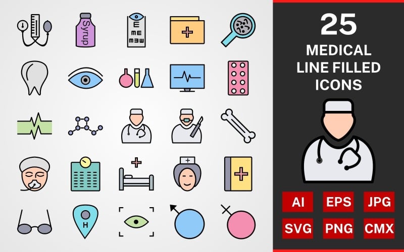 25 Medical LINE GEVULDE PACK Icon Set