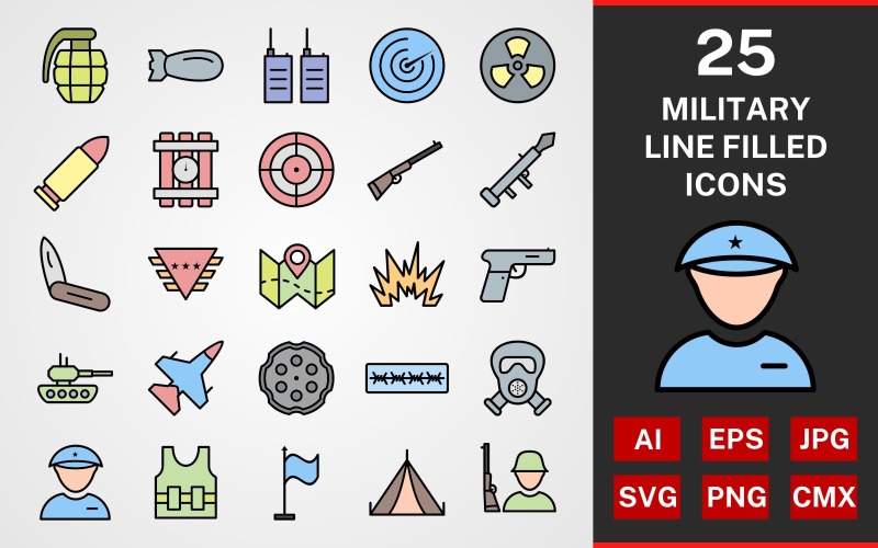 Download Набор иконок "25 Military LINE filled PACK Icon Set" / 25 Military LINE filled PACK Icon Set - Набор иконок на тему графика set,file,icon,icons,linear,line,vector,sign,symbol,pictogram,military,lieutenant,bullet,radar,bomb,grenade,gun,blast,jet,tank