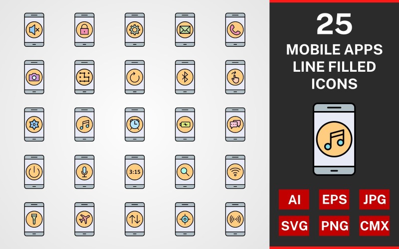 25 mobiele apps LINE GEVULDE PACK Icon Set