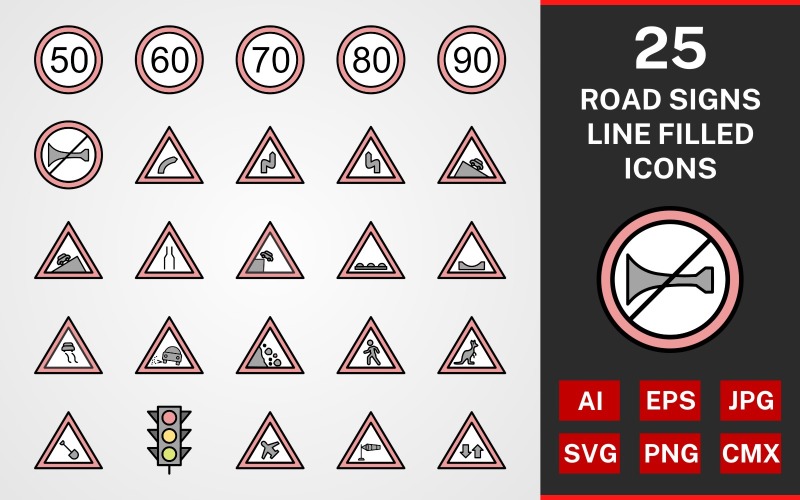 Download Набор иконок "25 Road Signs LINE filled PACK Icon Set" / 25 Road Signs LINE filled PACK Icon Set - Набор иконок на тему графика set,file,icon,icons,linear,line,vector,sign,symbol,pictogram,road sign,steep asent,air field,right bend,speed limit 40,lose gravel,road works,two way traffic,dangerous descent,road dips