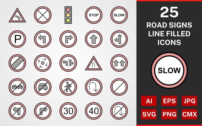 Download Набор иконок "25 Road Signs LINE filled PACK Icon Set" / 25 Road Signs LINE filled PACK Icon Set - Набор иконок на тему графика set,file,icon,icons,linear,line,vector,sign,symbol,pictogram,road signs,give way,u turn,no entry,road closed,left bend,slow,stop,parking,lane control sign