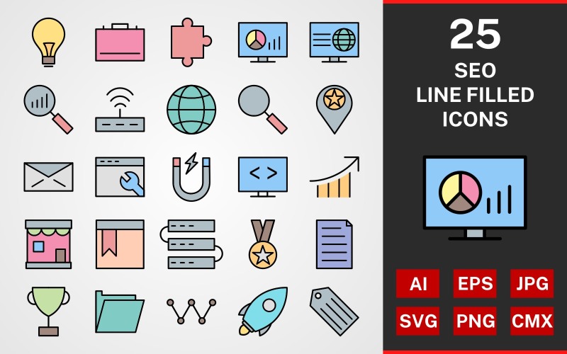 Download Набор иконок "25 SEO LINE FILLED PACK Icon Set" / 25 SEO LINE FILLED PACK Icon Set - Набор иконок на тему графика icon,icons,linear,set,file,line,vector,sign,symbol,pictogram,seo,search,message,router,link,bulb,briefcase,medal,globe,analysis