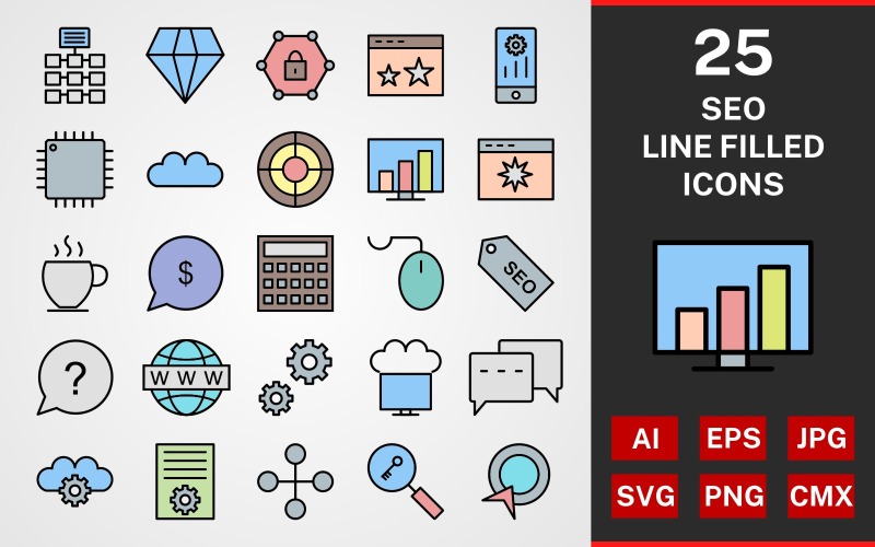 Download Набор иконок "25 SEO LINE FILLED PACK Icon Set" / 25 SEO LINE FILLED PACK Icon Set - Набор иконок на тему графика icon,icons,linear,set,file,line,vector,sign,symbol,pictogram,seo,diamond,calculator,mouse,setting,networking,cloud,conversation,keyword,search