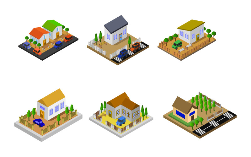 Set isometrische huizen op een achtergrond - vector afbeelding