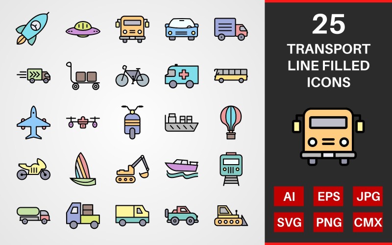 25 Transport LINE FILLED PACK图标集