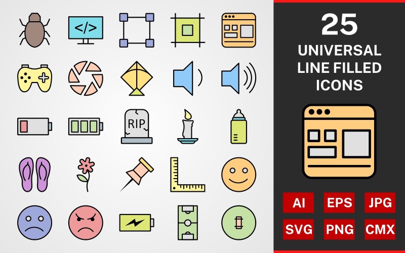 Download Набор иконок "25 Universal LINE filled PACK Icon Set" / 25 Universal LINE filled PACK Icon Set - Набор иконок на тему графика set,file,icon,icons,linear,line,vector,sign,symbol,pictogram,universal,grave,bug,dragging,shutter,kite,programming,template,candle,flower