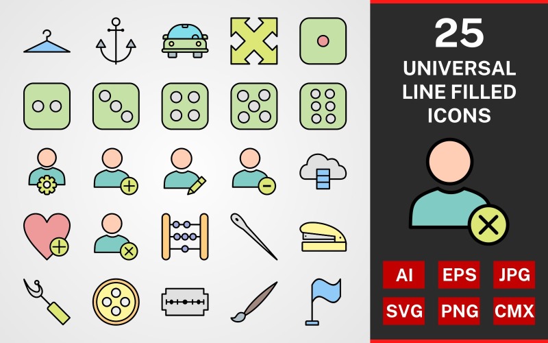 Download Набор иконок "25 Universal LINE filled PACK Icon Set" / 25 Universal LINE filled PACK Icon Set - Набор иконок на тему графика set,file,icon,icons,linear,line,vector,sign,symbol,pictogram,universal,blade,flag,stapler,dice one,hanger,anchor,needle,button,add user