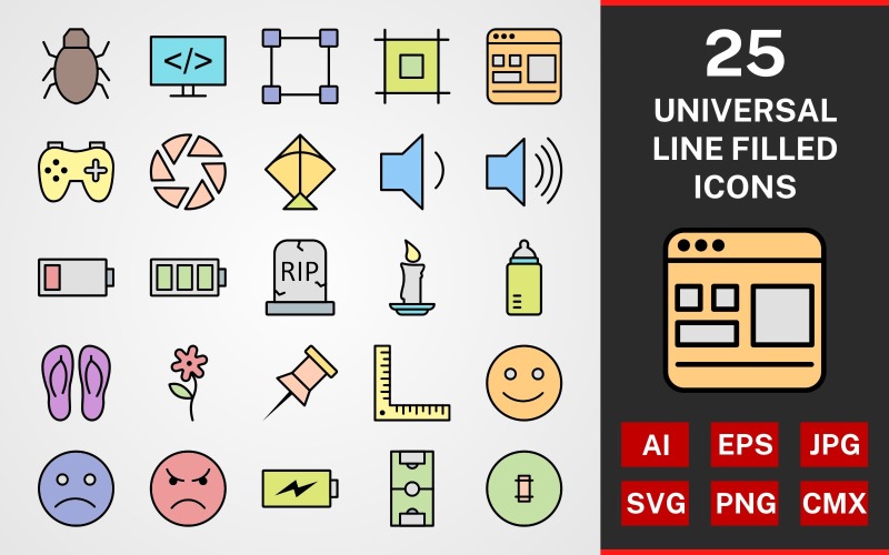 25 Universal LINE fylld PACK Ikonuppsättning