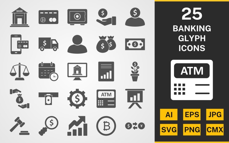 Download Набор иконок "25 Banking GLYPH PACK Icon Set" / 25 Banking GLYPH PACK Icon Set - Набор иконок на тему security set,file,icon,icons,linear,glyph,vector,sign,symbol,pictogram,banking,safe,atm machine,bank,banker,auction,growth,exchange rate,credit card,security van