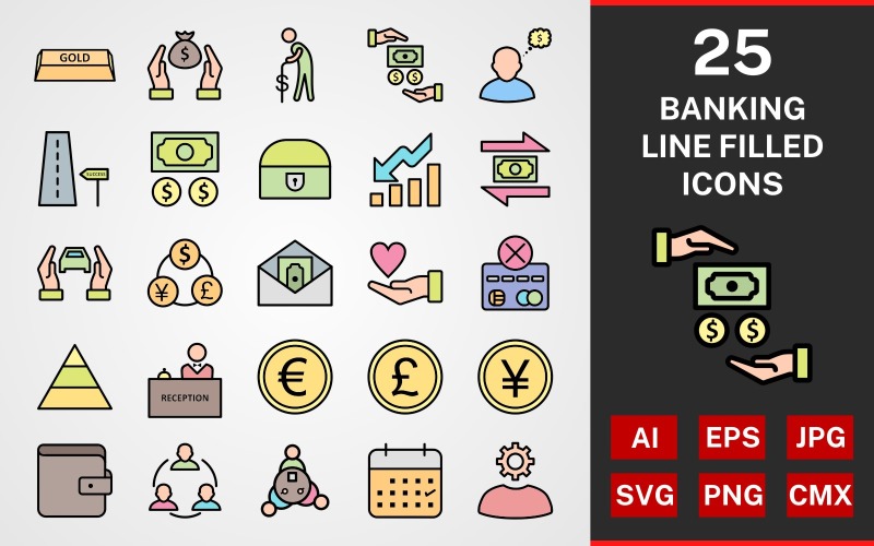 Download Набор иконок "25 Banking LINE Filled PACK Icon Set" / 25 Banking LINE Filled PACK Icon Set - Набор иконок на тему финансы set,file,icon,icons,linear,line,vector,sign,symbol,pictogram,banking,gold,profit,euro,team work,charity,savings,reception,money flow,pension