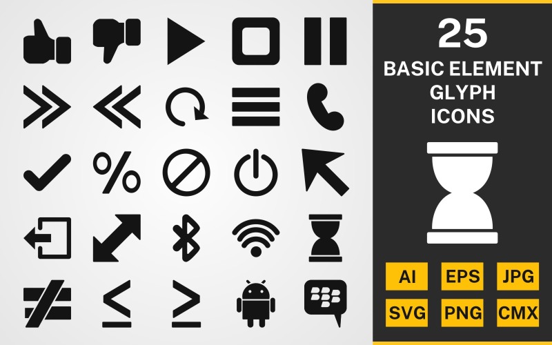 Download Набор иконок "25 Basic Elements GLYPH PACK Icon Set" / 25 Basic Elements GLYPH PACK Icon Set - Набор иконок на тему data set,file,icon,icons,linear,glyph,vector,sign,symbol,pictogram,basic element,menu,android,stop,play,hourglass,wifi,bluetototh,call,like