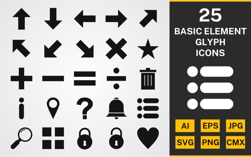 Download Набор иконок "25 Basic Elements GLYPH PACK Icon Set" / 25 Basic Elements GLYPH PACK Icon Set - Набор иконок на тему data set,file,icon,icons,linear,glyph,vector,sign,symbol,pictogram,basic element,up,list,lock,apps,search,plus,left,delete,notification