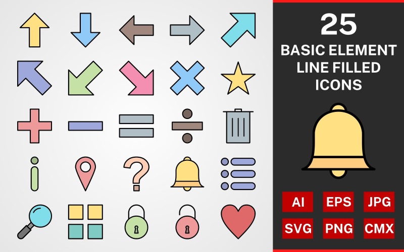 Download Набор иконок "25 Basic Elements LINE FILLED PACK Icon Set" / 25 Basic Elements LINE FILLED PACK Icon Set - Набор иконок на тему data icon,icons,linear,set,file,line,vector,sign,symbol,pictogram,basic element,delete,minus,list,notification,search,apps,right up,left up,location