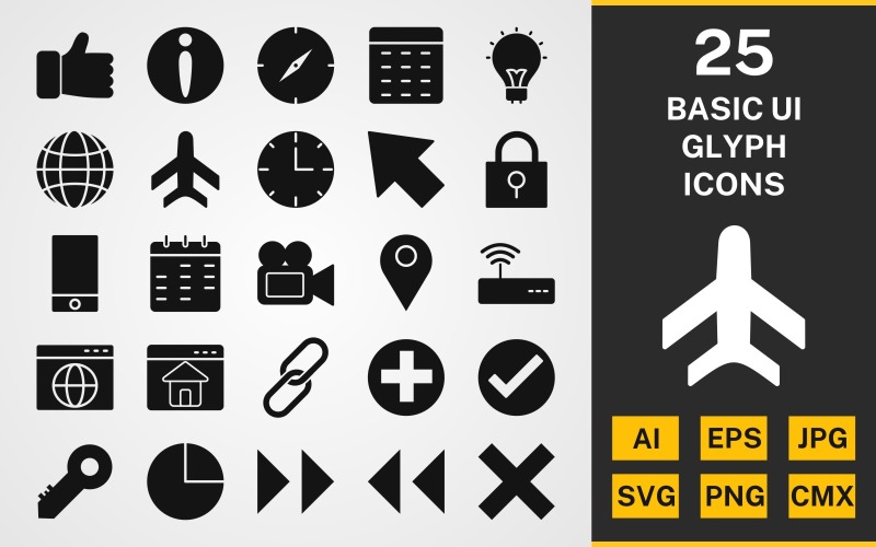 Download Набор иконок "25 Basic UI GLYPH PACK Icon Set" / 25 Basic UI GLYPH PACK Icon Set - Набор иконок на тему data set,file,icon,icons,linear,glyph,vector,sign,symbol,pictogram,basic ui,airplane,device,clock,like,add,valid,cancel,location,globe