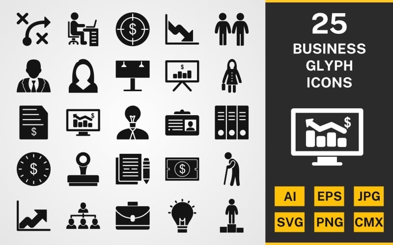 Download Набор иконок "25 Business GLYPH PACK Icon Set" / 25 Business GLYPH PACK Icon Set - Набор иконок на тему business set,file,icon,icons,linear,glyph,vector,sign,symbol,pictogram,business,workspace,billboard,files,growth,idea,succes,buisness plan,partnership,stamp