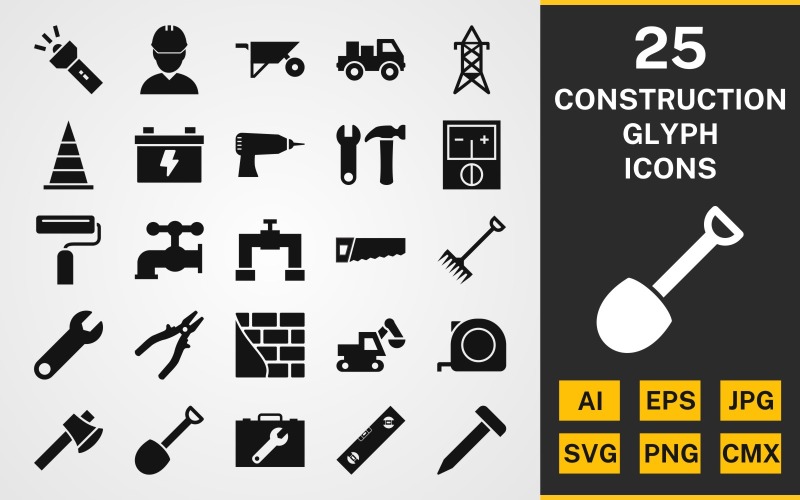 Download Набор иконок "25 Construction GLYPH PACK Icon Set" / 25 Construction GLYPH PACK Icon Set - Набор иконок на тему industrial set,file,icon,icons,linear,glyph,vector,sign,symbol,pictogram,construction,engineer,shovel,axe,brick wall,tools,loader,flash,drill,wrench