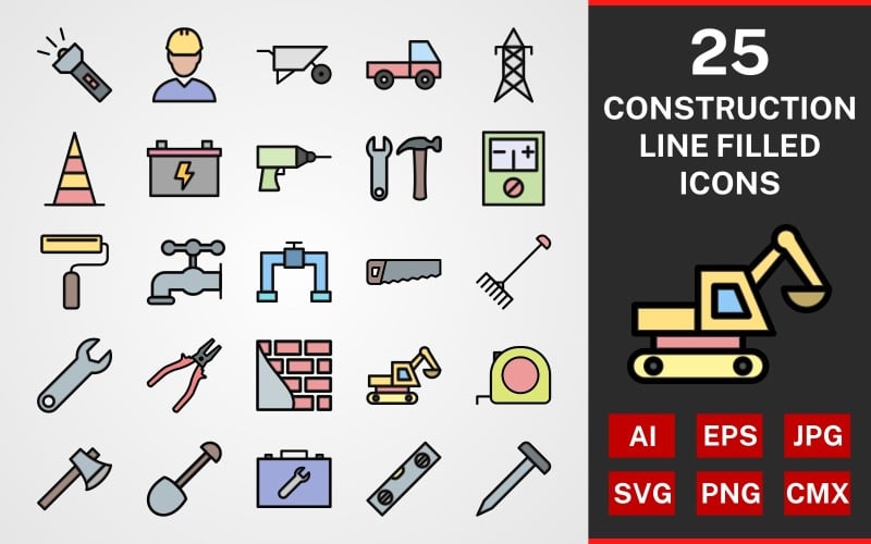 Download Набор иконок "25 Construction LINE FILLED PACK Icon Set" / 25 Construction LINE FILLED PACK Icon Set - Набор иконок на тему industrial icon,icons,linear,set,file,line,vector,sign,symbol,pictogram,construction,excavator,axe,nail,shovel,brick wall,loader,engineer,flash,tools