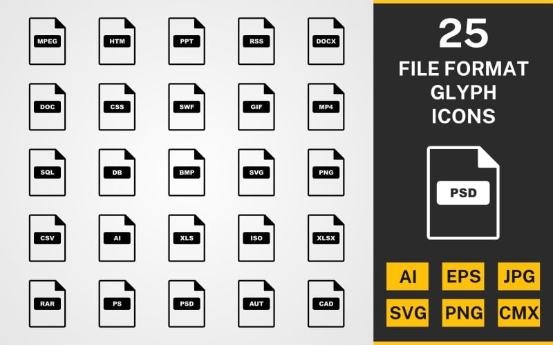 25 Dosya Biçimi GLYPH PACK Simge Seti