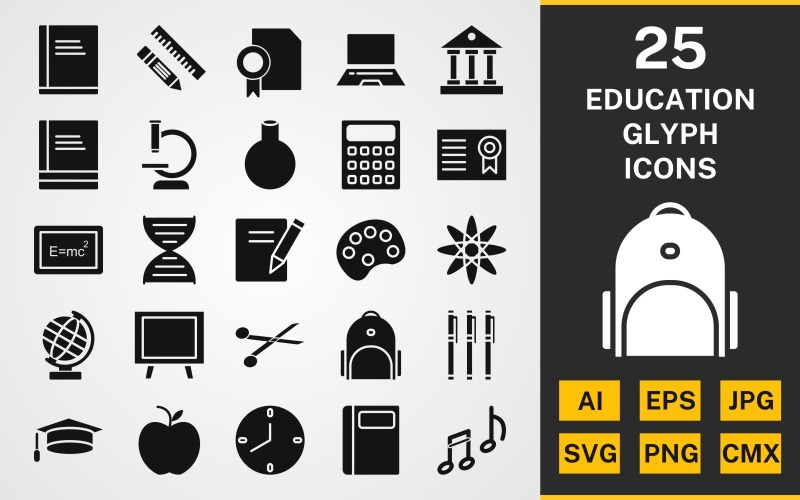 Download Набор иконок "25 Education GLYPH PACK Icon Set" / 25 Education GLYPH PACK Icon Set - Набор иконок на тему science set,file,icon,icons,linear,glyph,vector,sign,symbol,pictogram,education,books,bagpack,markers,formula,microscope,flask,notes,blackboard,calculator