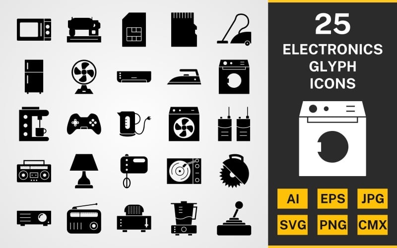 Download Набор иконок "25 Electronic Devices GLYPH PACK Icon Set" / 25 Electronic Devices GLYPH PACK Icon Set - Набор иконок на тему computer set,file,icon,icons,linear,glyph,vector,sign,symbol,pictogram,electronic,devices,washing machine,ac,iron,kattle,lamp,audio tape,juicer,fridge