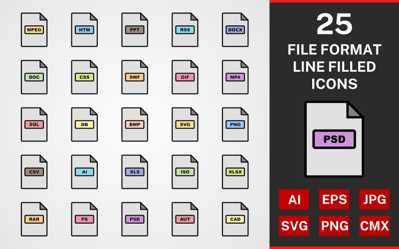 Ensemble d'icônes de 25 formats de fichier LINE FILLED PACK