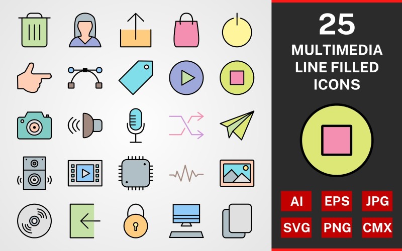 Ensemble d'icônes de 25 packs multimédias remplis de ligne