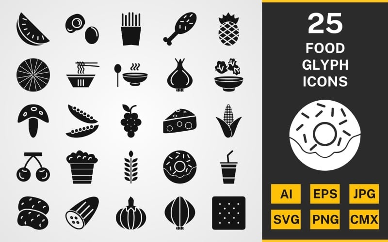 Download Набор иконок "25 Food GLYPH PACK Icon Set" / 25 Food GLYPH PACK Icon Set - Набор иконок на тему food set,file,icon,icons,linear,glyph,vector,sign,symbol,pictogram,food,dougnout,grapes,noodles,egg,cherry,biscuit,watermelon,soup,beans