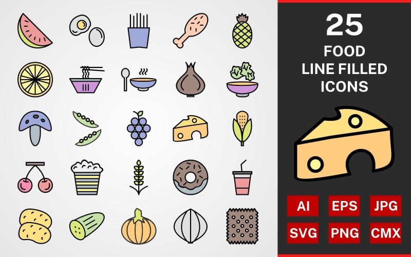 Download Набор иконок "25 Food LINE FILLED PACK Icon Set" / 25 Food LINE FILLED PACK Icon Set - Набор иконок на тему food icon,icons,linear,set,file,line,vector,sign,symbol,pictogram,food,egg,cheese,onion,popcorn,biscuit,soup,noodles,french fries,chicken