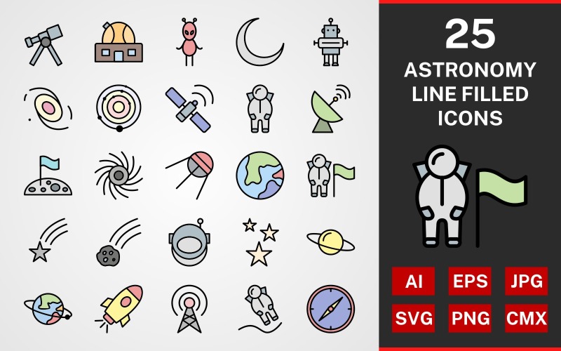 25 Ikonuppsättning för astronomilinjefylld förpackning