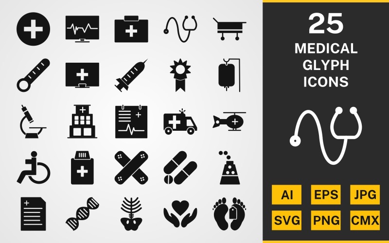 Download Набор иконок "25 Medical GLYPH PACK Icon Set" / 25 Medical GLYPH PACK Icon Set - Набор иконок на тему medical set,file,icon,icons,linear,glyph,vector,sign,symbol,pictogram,medical,pulse,stethoscope,injection,dna,xray,report,drip,ambulance,band aid