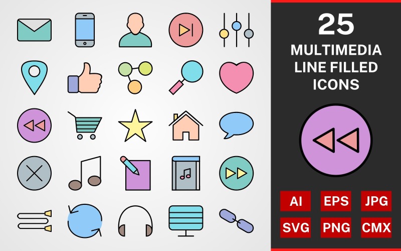 Download Набор иконок "25 Multimedia LINE FILLED PACK Icon Set" / 25 Multimedia LINE FILLED PACK Icon Set - Набор иконок на тему data icon,icons,linear,set,file,line,vector,sign,symbol,pictogram,multimedia,setting,next,back,chat,edit,reload,monitor,cancel,share