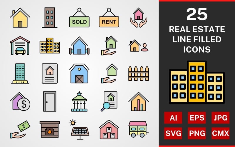 Download Набор иконок "25 Real Estate LINE FILLED PACK Icon Set" / 25 Real Estate LINE FILLED PACK Icon Set - Набор иконок на тему city icon,icons,linear,set,file,line,vector,sign,symbol,pictogram,real estate,agent,door,loan,fire place,solar energy,mobile house,flat,insurance,building
