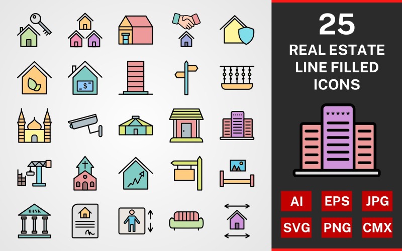 Download Набор иконок "25 Real Estate LINE FILLED PACK Icon Set" / 25 Real Estate LINE FILLED PACK Icon Set - Набор иконок на тему city icon,icons,linear,set,file,line,vector,sign,symbol,pictogram,real estate,mansion,bank,sofa,church,balcony,eco house,mosque,house contract,shop