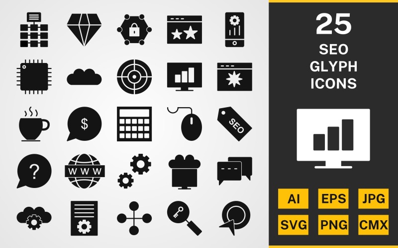 Download Набор иконок "25 SEO GLYPH PACK Icon Set" / 25 SEO GLYPH PACK Icon Set - Набор иконок на тему network set,file,icon,icons,linear,glyph,vector,sign,symbol,pictogram,seo,stats,settings,network,processor,target,pay per click,conversation,calculation,keyword search