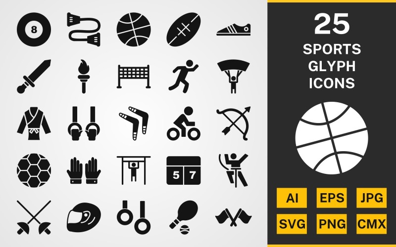 Download Набор иконок "25 Sport And Games GLYPH PACK Icon Set" / 25 Sport And Games GLYPH PACK Icon Set - Набор иконок на тему sports set,file,icon,icons,linear,glyph,vector,sign,symbol,pictogram,basketball,football,rugby,pool,karate,racing,tennis,cyclist,runner,parachutist