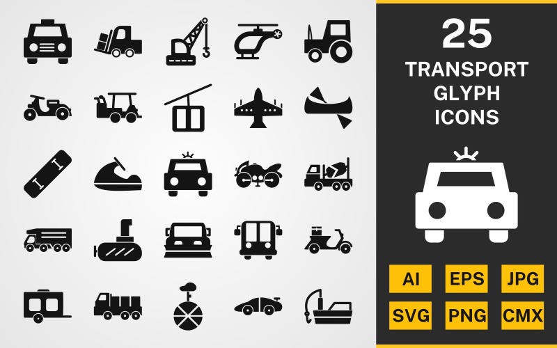 Download Набор иконок "25 Transport GLYPH PACK Icon Set" / 25 Transport GLYPH PACK Icon Set - Набор иконок на тему transport set,file,icon,icons,linear,glyph,vector,sign,symbol,pictogram,taxi,loader,police car,submarine,wagon,dumper,airport bus,fishing boat,helicopter,tractor