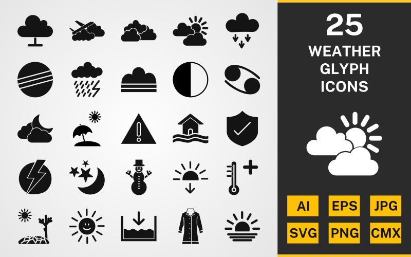 Download Набор иконок "25 Weather GLYPH PACK Icon Set" / 25 Weather GLYPH PACK Icon Set - Набор иконок на тему weather set,file,icon,icons,linear,glyph,vector,sign,symbol,pictogram,weather,fog,sheild,hot,sunset,dark ray,plane cloud,sunny,snowman,sun smiling