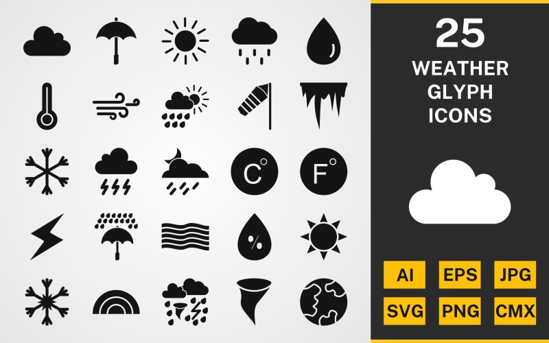 Download Набор иконок "25 Weather GLYPH PACK Icon Set" / 25 Weather GLYPH PACK Icon Set - Набор иконок на тему weather set,file,icon,icons,linear,glyph,vector,sign,symbol,pictogram,weather,storm,sun,cloud,haze,rainbow,snow,wind,celcius,tornado