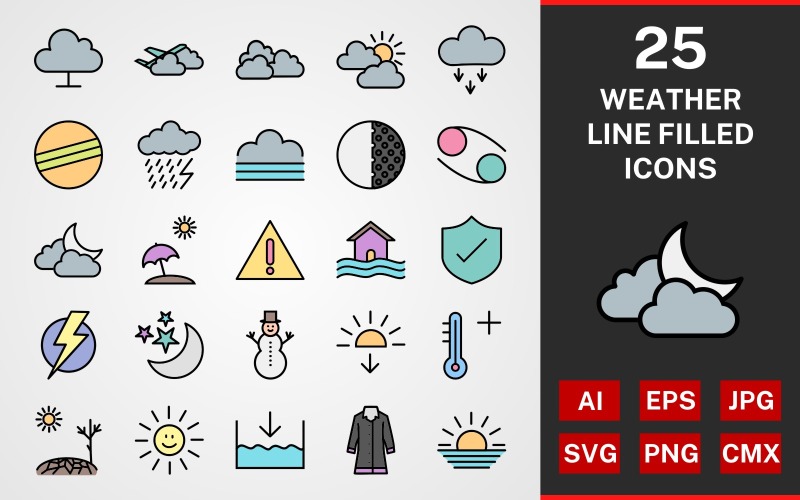 Download Набор иконок "25 Weather LINE FILLED PACK Icon Set" / 25 Weather LINE FILLED PACK Icon Set - Набор иконок на тему weather icon,icons,linear,set,file,line,vector,sign,symbol,pictogram,weather,fog,cloudy,sunny,hot,sunset,dark ray,plane cloud,flood symbol,sun smiling
