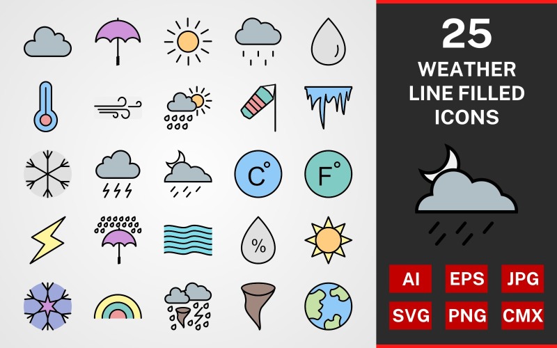 Download Набор иконок "25 Weather LINE FILLED PACK Icon Set" / 25 Weather LINE FILLED PACK Icon Set - Набор иконок на тему weather icon,icons,linear,set,file,line,vector,sign,symbol,pictogram,weather,cloud,storm,celcius,rainbow,snow,wind,rain,sun,haze