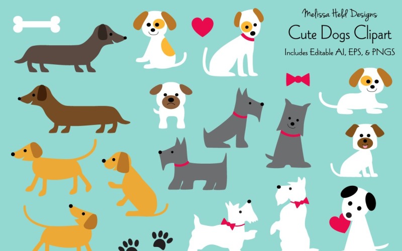 Download Иллюстрация "Cute Dogs Vector Clipart - Illustration" / Cute Dogs Vector Clipart - Illustration - Иллюстрация на тему графика bulldog,scottie dog,terrier,scottish terrier,cute,puppy,dog,graphic,paper,printable,clipart,vector,print,illustration,animals,pet,puppies,dog bone,dachshund,valentine