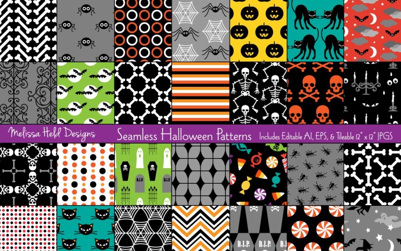 Download Pattern "28 Halloween Seamless Vector Pattern" / 28 Halloween Seamless Vector Pattern - Pattern на тему графика print,graphic,seamless,repeat,vector,pattern,printable,background,halloween,spiders,bats,black cats,skull and crossbones,pumpkins,candy,ghosts,flying witch,polka dots,skeleton,stripe